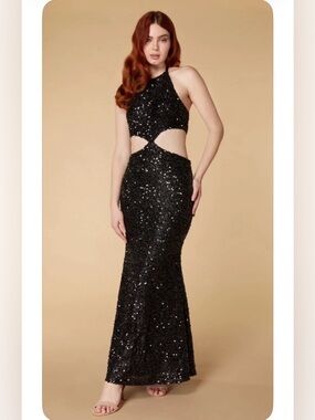 Jarlo Gloria Black Sequin Fishtail Maxi Dress with Cut Out NWT Black Tie or Prom